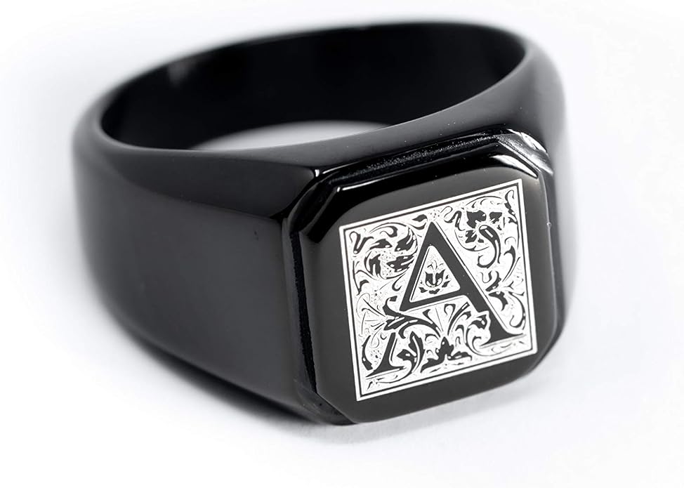 Jewelry | Stainless Steel Letter Alphabet Initial Ring | Square Flat Top Ring for Men & Women | Stainless Steel Jewelry, (Black, Gold, Silver), Size 7-16