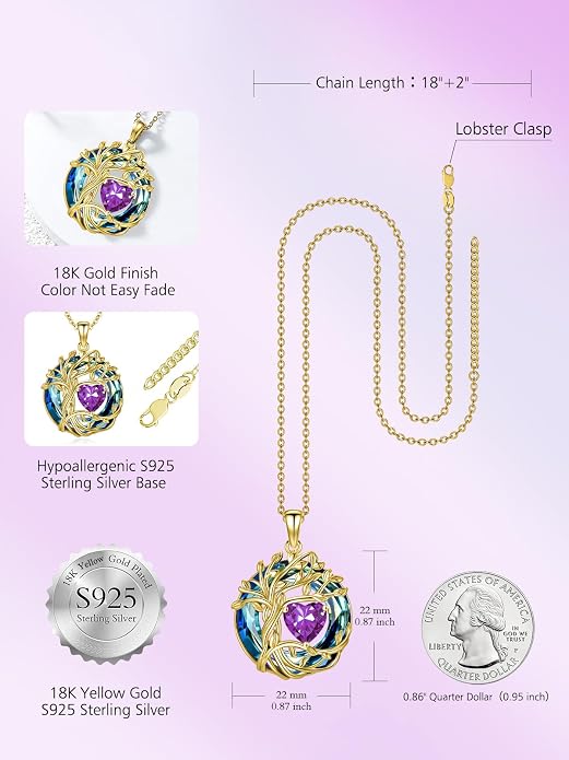 TOUPOP Tree of Life Birthstone Necklace Sterling Silver Pendant Birthstone Necklaces with Blue Crystal Anniversary Birthday Jewelry for Women Mom Wife Her