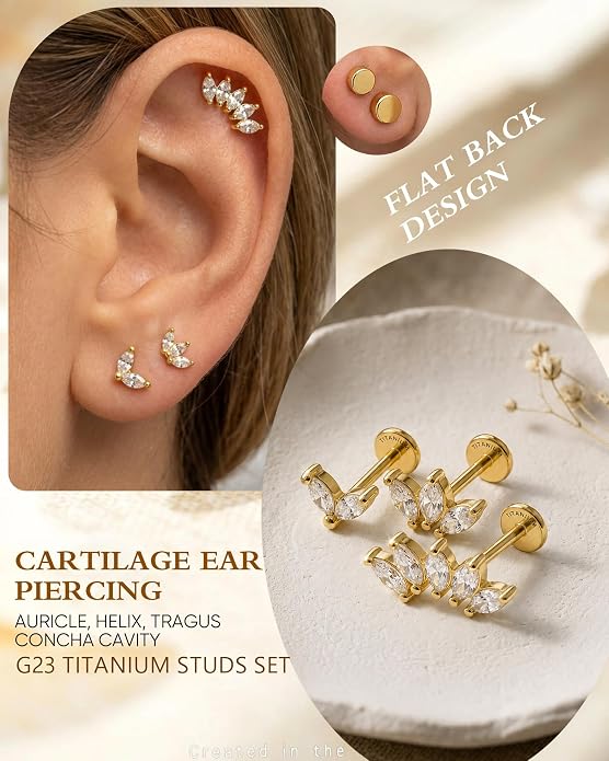 YACHY G23 Titanium Flat Back Stud Earrings, Internally Threaded Screw-On Hypoallergenic Body Piercing Jewelry for Everyday Wear, Tragus Helix Conch Monroe Medusa Lip, 18G 6mm 8mm