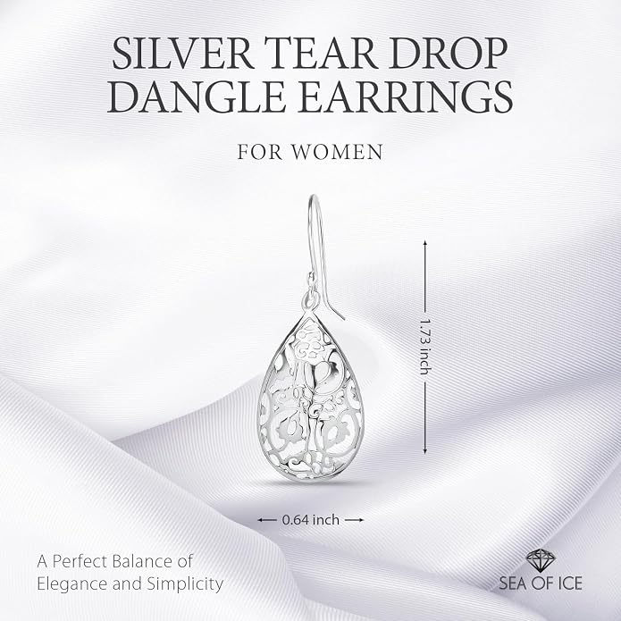 Sterling Silver Tear Drop Dangle Filigree Earrings for Women – boho and Chic Pear Shape Hook Earrings with Thin and Lightweight Hook