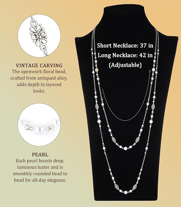 Long Beaded Silver Necklaces for Women Layered Long Statement Necklace with Stone Pearl Beads Double Sweater Chain Costume Jewelry for Women