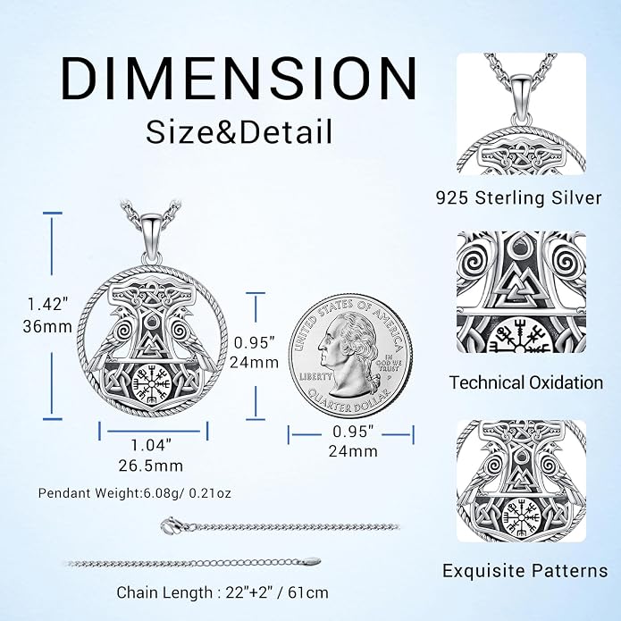 Viking Necklace Pendant for Men Women,925 Sterling Silver Gold Mjolnir Thors Hammer Celtic Cross Necklace Wolf Odin Raven Freya Goddess Norse Pagan Compass Vegvisir Yggdrasil Nordic Viking Jewelry Gifts