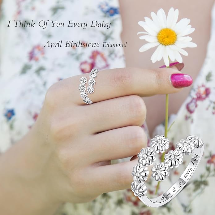 Dainty Daisy Ring for Women, S925 Sterling Silver Cubic Zirconia Sunflower Flower Ring For Daughter, I Think Of You Every Daisy Ring, Birthstone Flower Ring