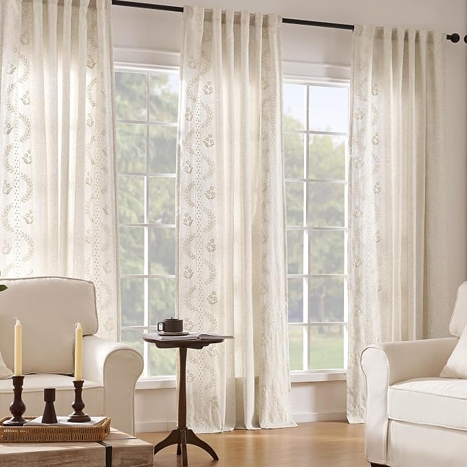 jinchan Floral Lined Linen Curtains 96 Inch Rod Pocket 2 Panels Ivory | Embroidered curtains,privacy lining,boho curtains,light filtering,living room,bedroom,flower patterned,window treatment