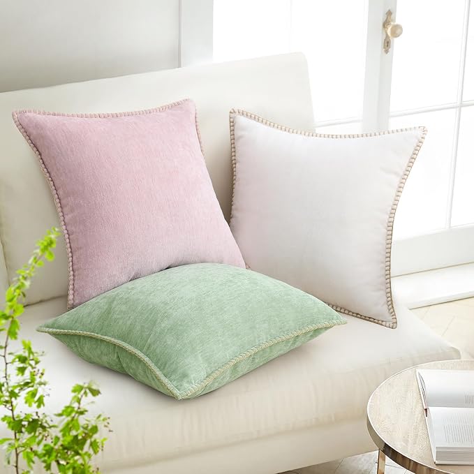decorUhome Soft Chenille Throw Pillow Covers 24x24 Set of 2 Cream White | Fall Textured Decorative Throw Pillow Cases Stitched Edge Modern Farmhouse Luxury Boho Velvet for Couch Sofa Bed Home Decor