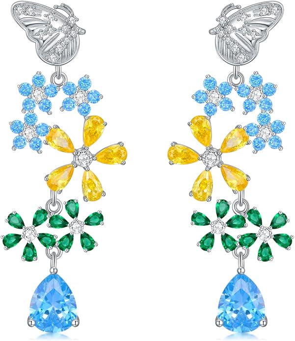 925 Sterling Silver Colorful Chandelier Teardrop Dangle Earrings Statement Flower Stud Earrings for Women Party Prom