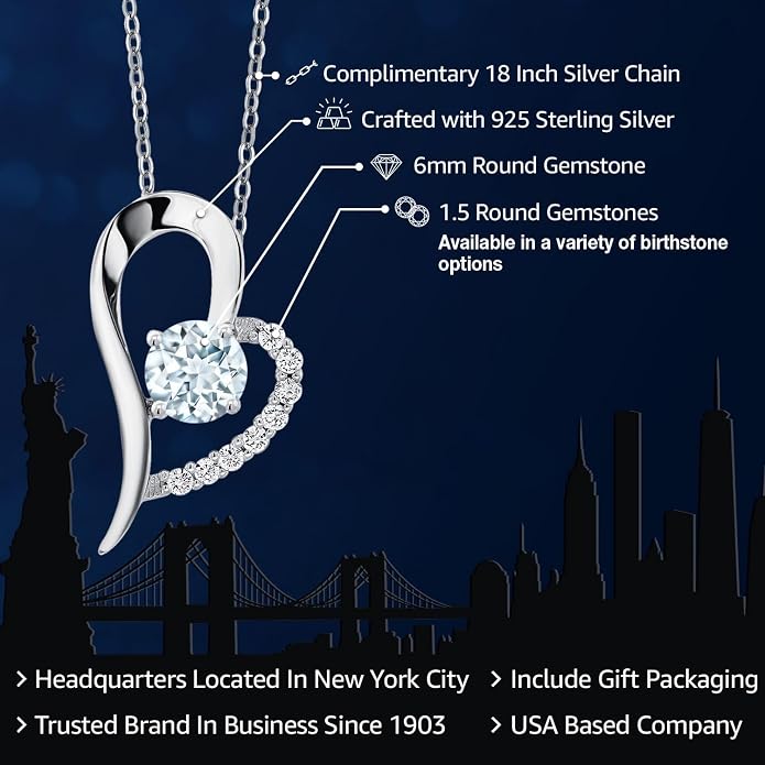 Gem Stone King Heart Shape Pendant Necklace For Women | 925 Sterling Silver | 6MM Round Gemstone Birthstone | Heart Necklace For Women | With 18 Inch Silver Chain