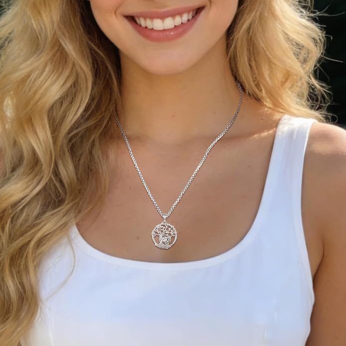 Birthstone Tree of Life Necklace for Women Heart Crystal Pendant Silver Plated Birthday Anniversary Jewelry for Wife, Mom, and Her