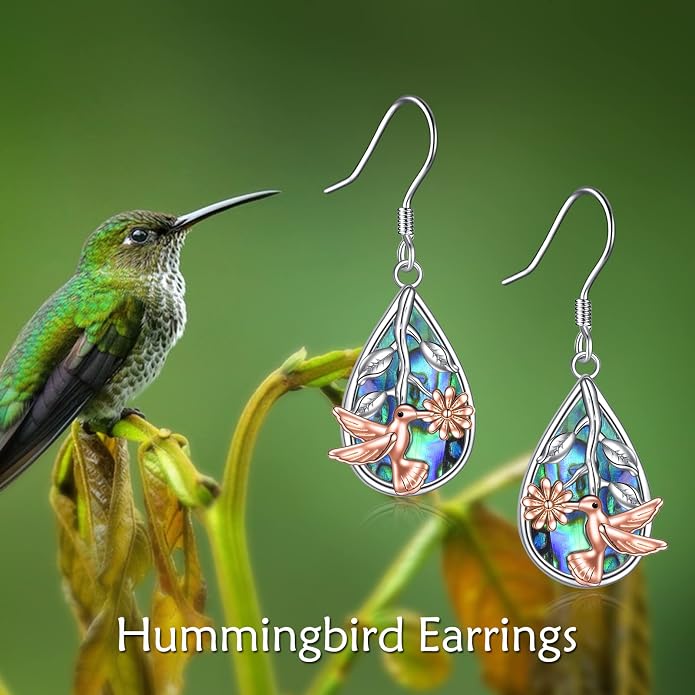 CRMAD Hummingbird/Bee/Leaves/Sunflower/Daisy/Dragonfly/Rose/Lotus Flower Sterling Silver Filigree Teardrop Earrings Abalone Shell Jewelry for Women