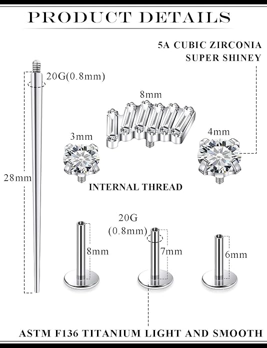 20G 18G 16G Astm F136 Titanium Internal Thread Flat Back Earrings Nose Studs Tragus Forward Helix Conch Cartilage Lobe Earring Stud Medusa Labret Monroe Lip Ring Piercing Jewelry For Women Men