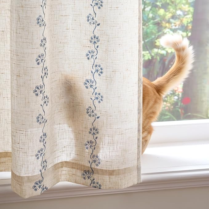 Lazzzy Cathy Linen Floral Curtains 63 inch Length for Kitchen Cute Privacy Curtains for Kids Room Rod Pocket Back Tab Light Filtering Drapes Farmhouse Cottagecore Decor 50"x63" Blue on Linen