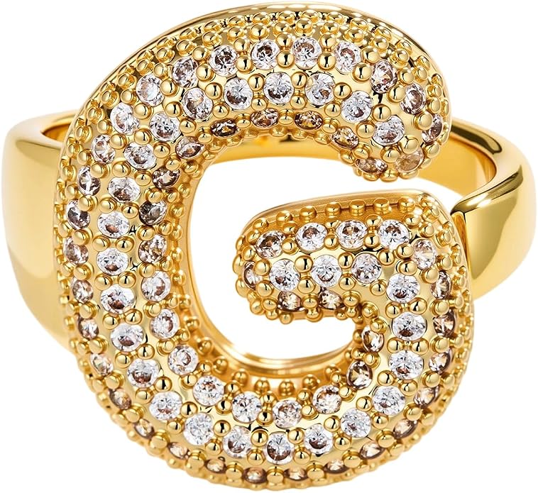 Cicy Bell Initial Rings for Women 14k Gold Plated Cubic Zirconia Delicate Letter Chunky Statement Open Rings Gifts for Her