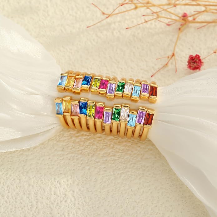 TOBENY Gold Birthstone Rings for Women 14K Gold Plated Adjustable Rings Non Tarnish Gold Stackable Rings Dainty Emerald Green Cubic Zirconia Ring for Mother Daughter Birthday Jewelry Gifts