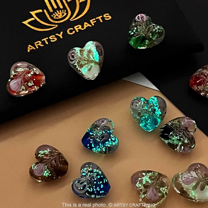 Artsy Crafts 20 Pcs Assorted Glow in The Dark Firefly Beads 12mm European Lampwork Luminous Glass Beads for Jewelry Making Charm Bracelet Necklace Earrings Crafts (Heart - Mix)