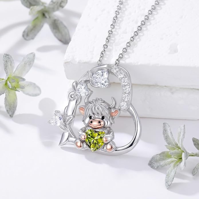 PELOVNY Teddy Bear Necklace for Women 925 Sterling Silver Bear/Highland Cow/Fox/Cat/Axolotl Birthstone Necklace Christmas Birthday Jewelry Gifts for Mom Daughter Wife Sister