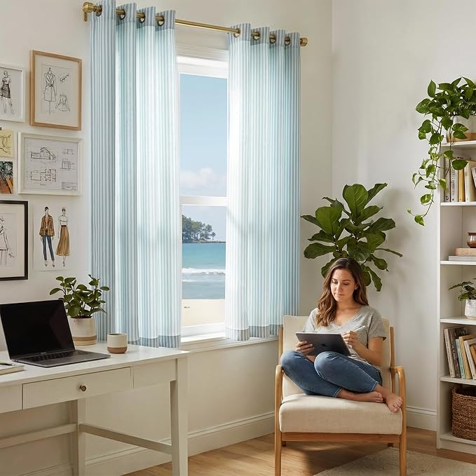 Vangao Linen Striped Curtains for Living Room Bedroom Farmhouse Tickingstripe Light Filtering Window Curtains Printed Drapes Grommet Top 2 Panels Aqua Blue on Off White W50 x L63 Inch
