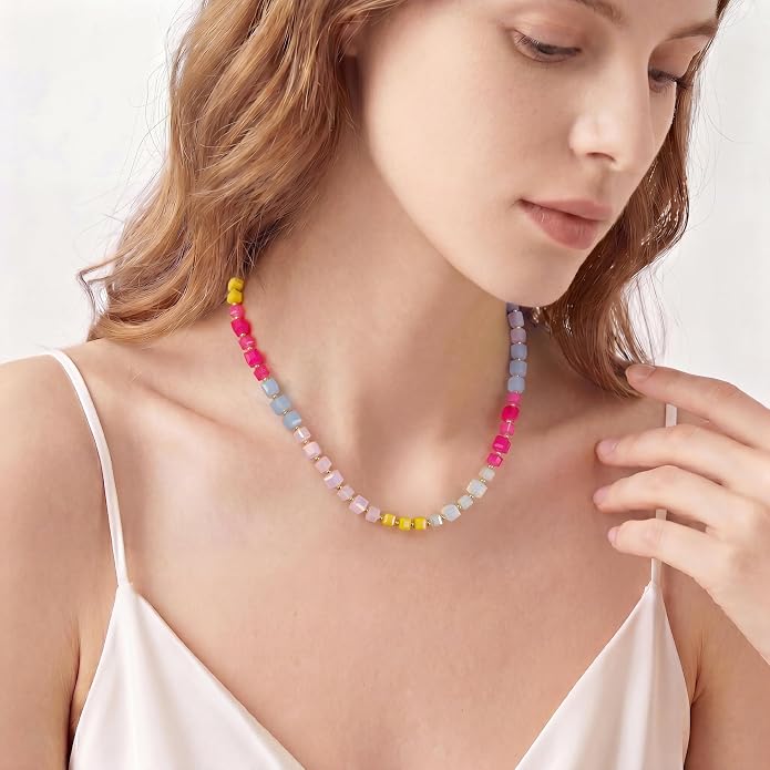 LALAPPLE Colorful Beaded Gemstone Necklace for Women, Boho Rainbow Bead Choker with Natural Stone Crystal Beads, Handmade Summer Beach Necklace Jewelry