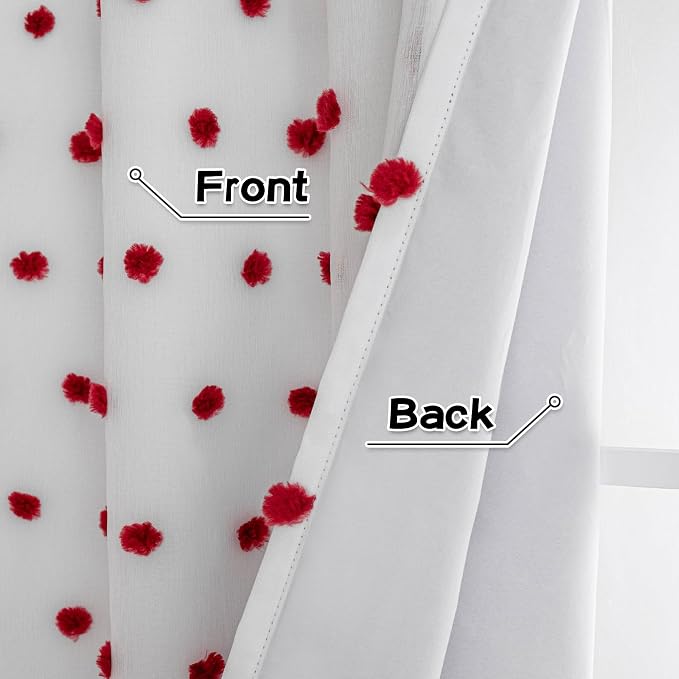MYSKY HOME Blackout Curtains for Girls Bedroom 63 Inch Long Red Pom Pom Curtains for Kids Room 2 Panels 100% Room Darkening Window Treatment 2 Layered Drapes Toddler Grommet 52W x 63L