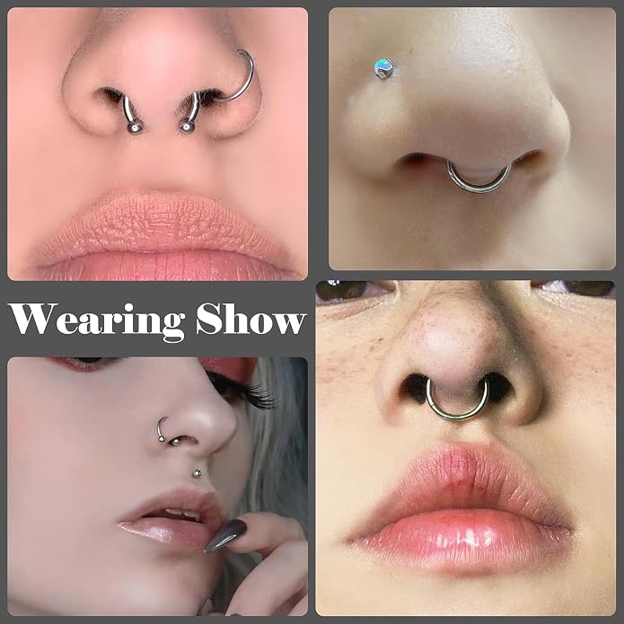 20G 18G 16G 14G 12G 10G Hypoallergenic Nose Rings Hoops for Men Women 316L Surgical Steel Hinged Nose Rings for Nostril Septum Cartilage Helix Daith Tragus Rook Conch Lip Ear Lobe Piercing