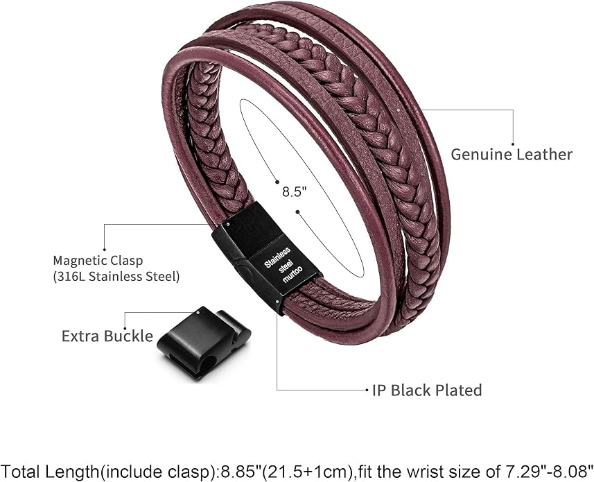 murtoo Mens Leather Bracelet with Clasp Cowhide Multi-Layer Braided Leather Mens Bracelet