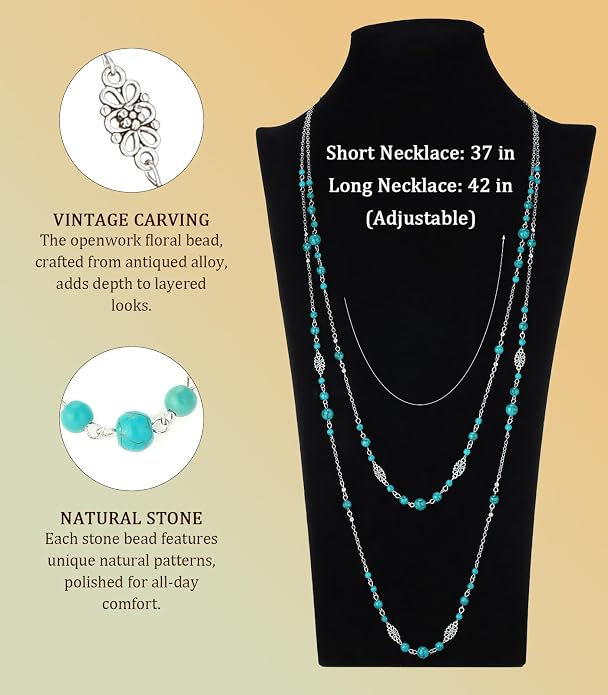 Long Beaded Silver Necklaces for Women Layered Long Statement Necklace with Stone Pearl Beads Double Sweater Chain Costume Jewelry for Women