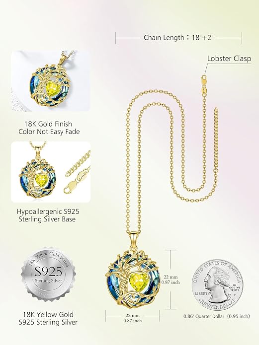 TOUPOP Tree of Life Birthstone Necklace Sterling Silver Pendant Birthstone Necklaces with Blue Crystal Anniversary Birthday Jewelry for Women Mom Wife Her