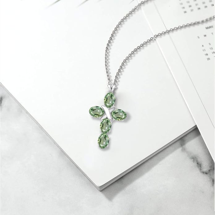 Gem Stone King Cross Pendant Necklace for Women | 925 Sterling Silver | 6X4MM Gemstone Birthstone | Jesus Christian Religious Crucifix Jewelry Gifts | 18 Inch Chain