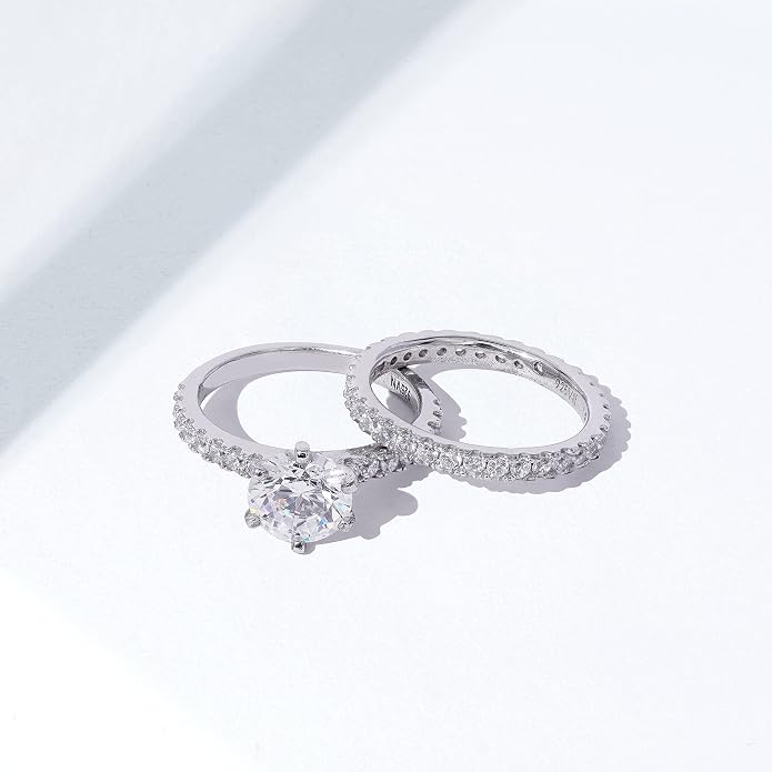 Amazon Essentials Platinum or Gold Plated Sterling Silver Round Ring Set made with Infinite Elements Zirconia