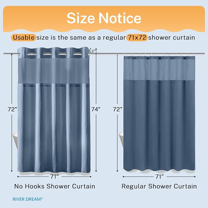 River Dream Blue Shower Curtain No Hooks Required Dotted Waffle Weave Shower Curtain with Snap in Liner - 71W x 74H,Hotel Grade,Spa Like Bath Curtain,Moonlight Blue