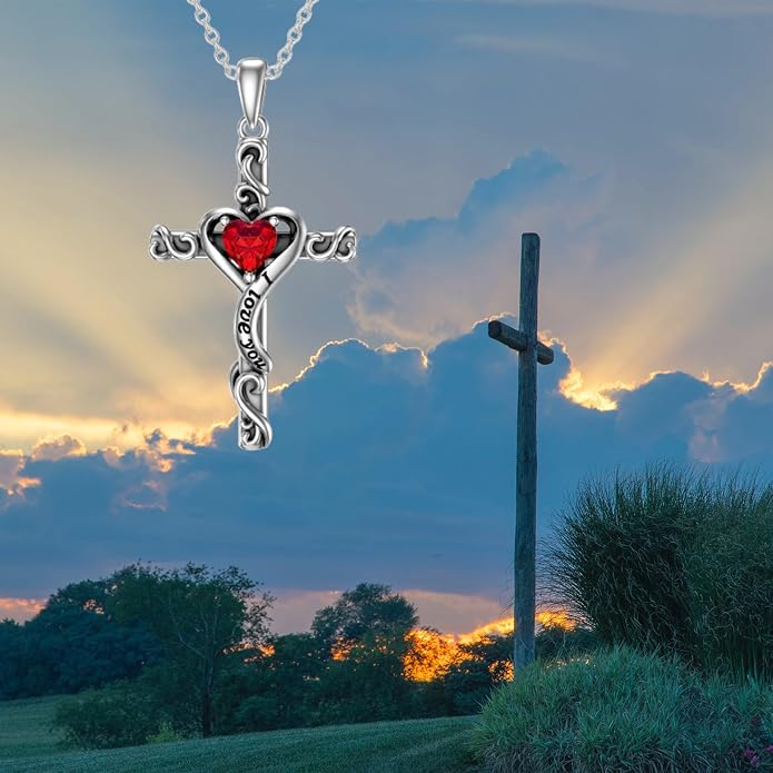 TOUPOP Cross Birthstone Necklace for Women 925 Sterling Silver Heart Cross Pendant I Love You Jewelry Anniversary Birthday Mothers Day Gifts for Mom Wife Her