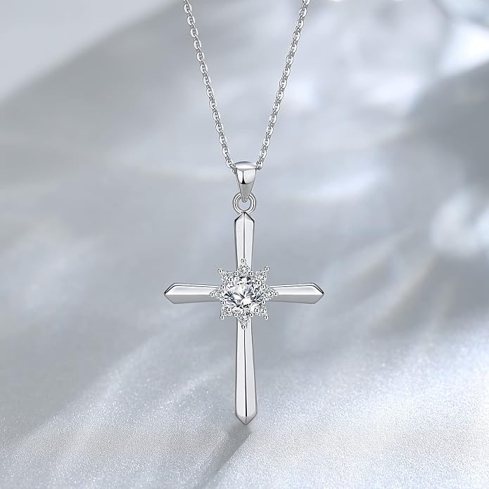FANCIME Birthstone Cross Necklace for Women Sterling Silver Birthstone Necklace Halo Infinity Cross Pendant Necklace Fine Jewelry Valentines Day Gifts Birthday Holiday Gifts for Her, 16"+2" Inches