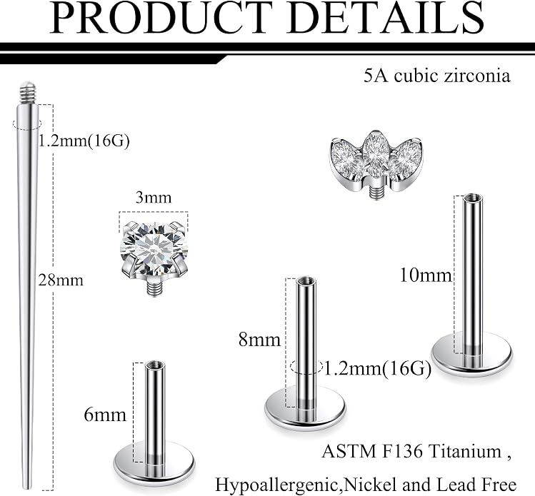 Ruifan Titanium Flat Back Lip Rings Internally Threaded Earrings Studs Nose Rings 16G Opal CZ Tragus Cartilage Lobe Rook Helix Conch Labret Medusa Piercing Jewelry for Women Men W Piercing Taper Set