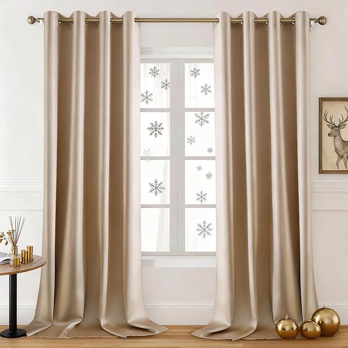 HOMEIDEAS 2 Panels Beige Faux Silk Blackout Luxury Curtains, 52 X 108 Inch Champagne Gold Room Darkening Satin Thermal Insulated Vintage Window Drapes for Bedroom Decor, Indoor, Living Room