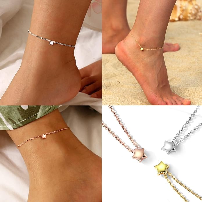 ChicSilver Personalized 925 Sterling Silver Tiny Heart/Moon/Star/Sun/Dot/Triangle Anklets Simple Dainty Foot Jewelry for Women, Silver/Gold Plated/Rose Gold Plated