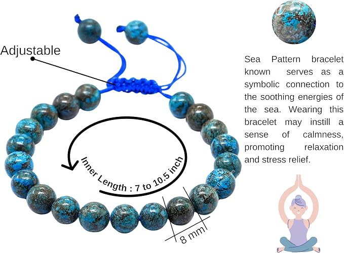 Amazing Gemstone Sea Pattern Bracelet, Gifts for Men & Women - Protection Healing Crystal Bracelet - 8mm Gemstone Beaded Adjustable Bracelet, Pulseras para Hombres Mujer Stocking Stuffers