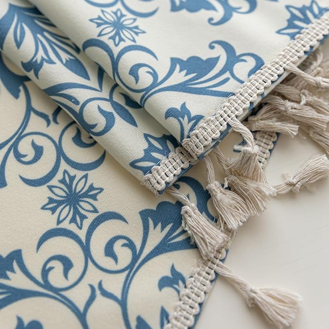 Blue Floral Curtains 63 Inches Long, Boho Farmhouse Light Filtering Rod Pocket Drapes with Tassel Trim for Bedroom Living Room, 2 Panels