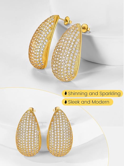 KeyStyle Chunky Gold Hoop Earrings for Women Trendy, Stainless Steel TearDrop Hoops Earring, Lightweight Water Drop Ear Jewerly