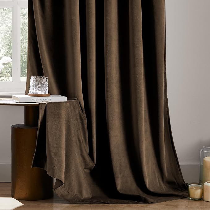 HOMEIDEAS 100% Blackout Brown Velvet Curtains, Thermal Noise Reduction Soft Luxury Vintage Christmas Velvet Curtains for Bedroom Decor, Living Room, Home, 52 X 96 Inch, 2 Panels