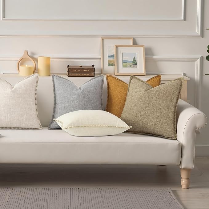 decorUhome Beige Faux Linen Outdoor Throw Pillow Covers 16x16 Set of 2 | Fall Decorative Textured Neutral Modern Farmhouse Pillow Covers with Stitched Edge for Couch Sofa Bed Living Room