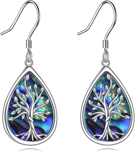 POPLYKE 925 Sterling Silver Tree of Life Dangle Earrings for Women Fashion Abalone Shell Jewelry Gifts for Mom Sister Friend Birthday