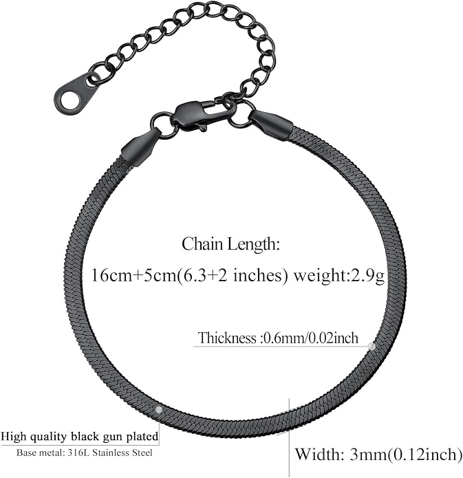 FindChic Elegant Herringbone Snake Chain Anklets/Bracelets 3MM/5MM Width Stainless Steel/18K Gold/Rose Gold Plated/Black 4 Color Options, 8.3'' 8.5'' 10.5'' Length, with Gift Box