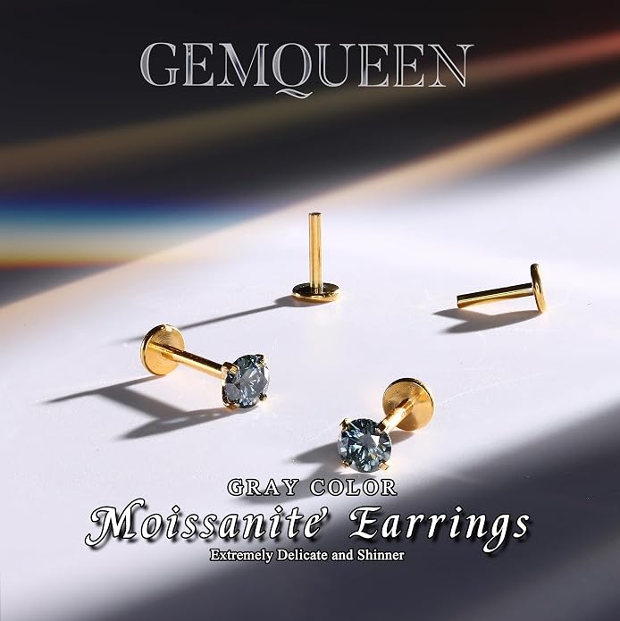 GEMQUEEN Moissanite Earrings G23 Titanium Extended Internal Thread Flat Back Earrings Hypoallergenic Tragus Cartilage Helix Conch Piercing Jewelry for Women Men 18G 6/8mm Post Gray/D Color 0.2-3CT
