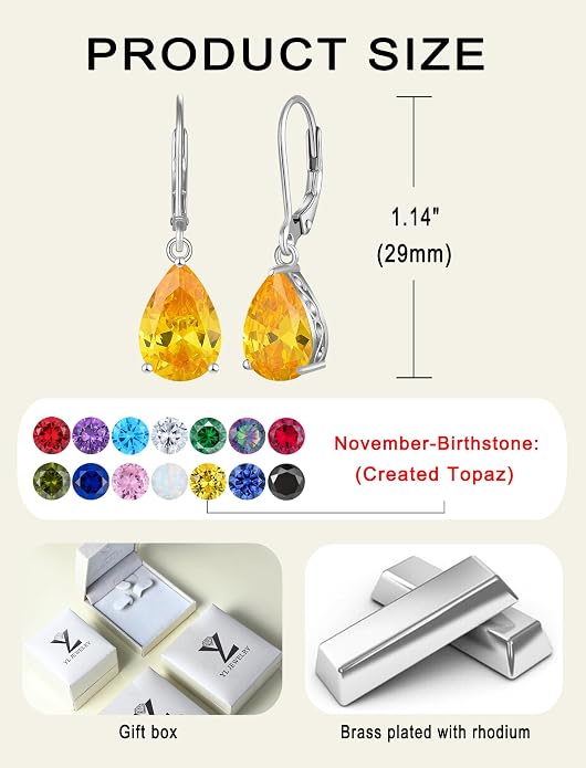 YL Solitaire Dangle Drop Earrings Teardrop Leverback Earrings Brass 8X12 MM Birthstone Jewelry for Women
