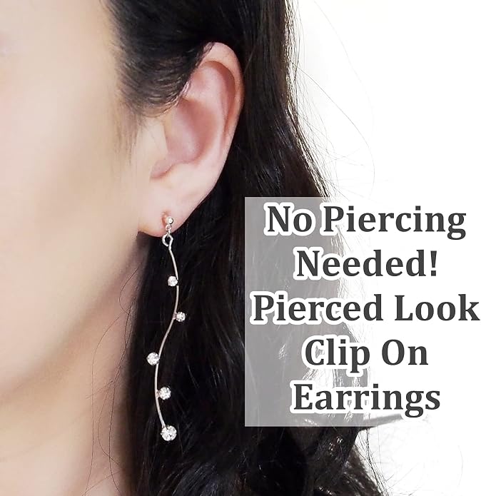Comfortable Stick Invisible Clip On Earrings Gold Dangle Long Waved Threader Bar Clip-On Non Pierced Earrings Silver For Women,…