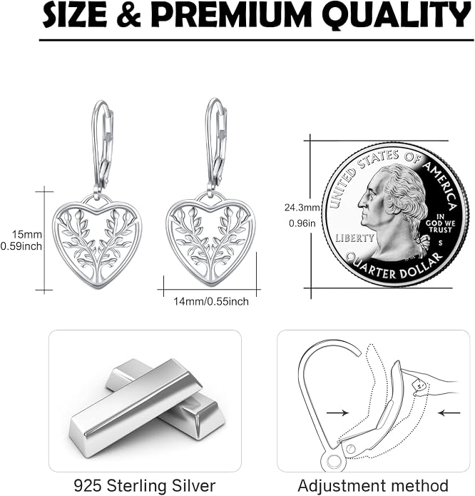 Tree of Life Earrings, 925 Sterling Silver Heart Shaped Studs for Women, Hypoallergenic Earrings for Sensitive Ears Gifts for Women with Gift Box…