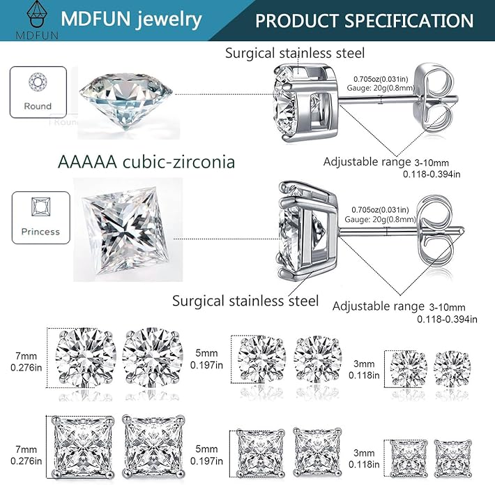 MDFUN 6 Pairs Stud Earrings Set 3mm/5mm/7mm Princess & Round Cubic Zirconia Earrings Hypoallergenic 316L Surgical Stainless Steel CZ Earrings for Women Men