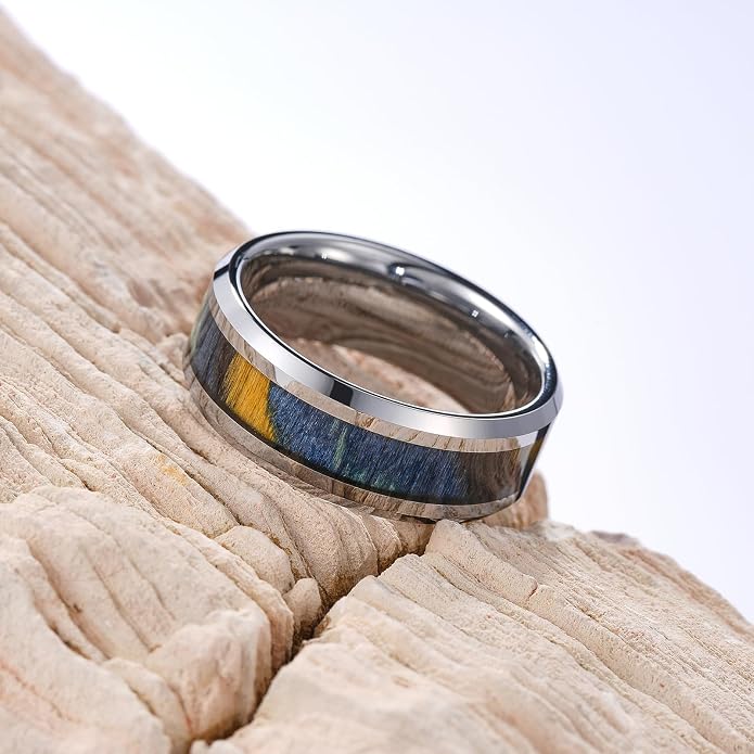 King Will Black Tungsten Wedding Band For Men, 8mm Promise Ring Inlay Red Twill Pattern/Colorful Wood Chips, High Polished Beveled Edge - Suitable For Daily Wear, Comfort Fit Size 7-14