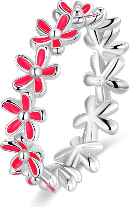 S925 Sterling Silver Dainty Daisy Flower Rings for Women, I Think Of You Every Daisy, 12 Month Birth Flower Ring
