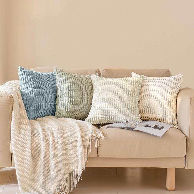 Softalker Throw Pillow Covers 20x20 Inch, Set of 4, Corduroy Soft Striped Farmhouse Boho Pillow Cover, Modern Decorative Cushion Pillow Case for Couch Sofa Bedroom Living Room, Light Blue