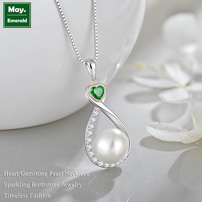 Heart Birthstone Pearl Pendant Necklace, 925 Sterling Silver Infinity Necklace with 10mm Freshwater Cultured Pearl & 4mm Gemstone Jewelry for Women